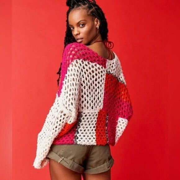 Free People Sail Away Open Knit Sweater Womens XS Gardenia Pop Combo Pink Rose - Picture 3 of 3